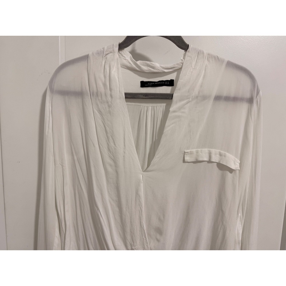 ZARA WOMAN White V Neck Twist Front Long‎ Sleeve Shirt Blouse Top XS - Picture 3 of 9